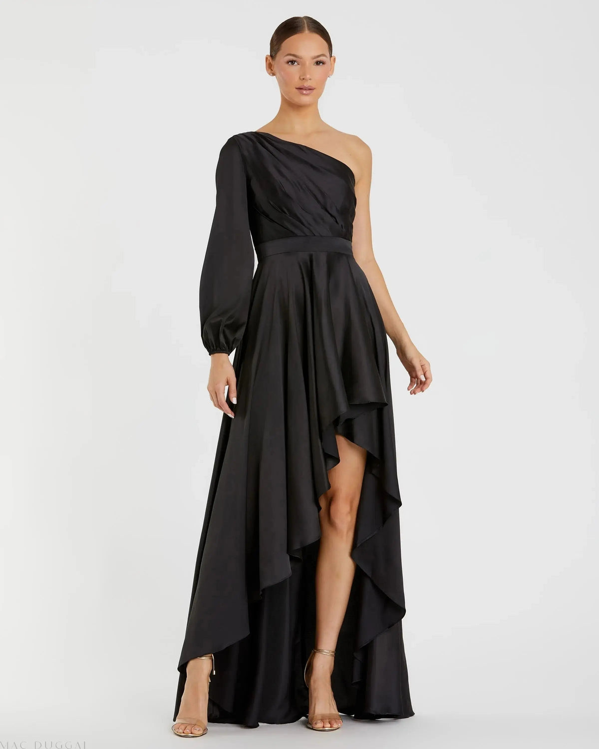 Women's Black Dress Satin One Shoulder - Black One-Shoulder Pleated