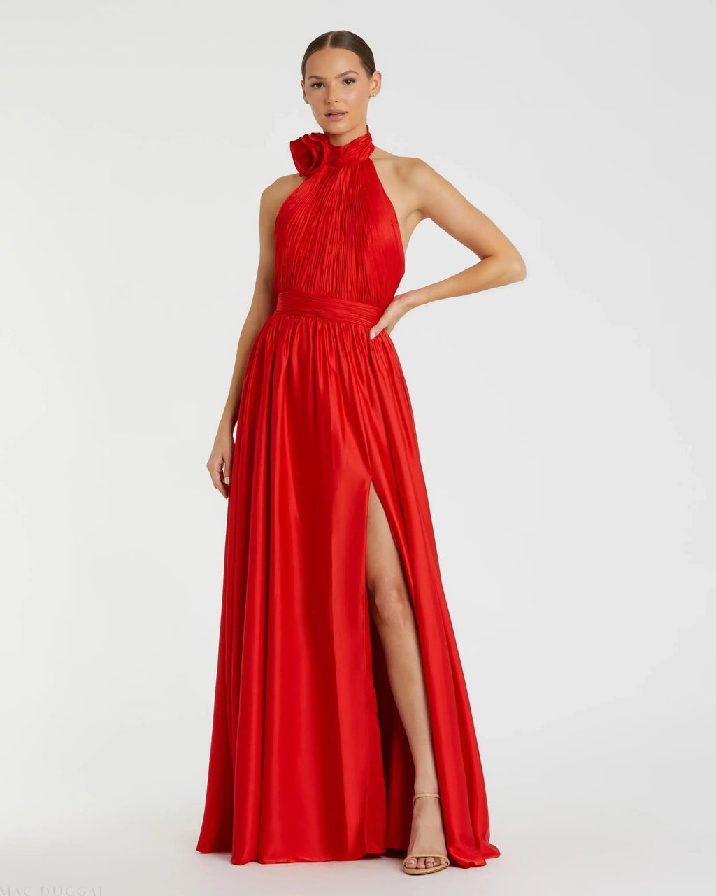 Women's Red Dress Halter - Red Satin Ruched