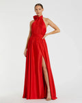 Women's Red Dress Halter - Red Satin Ruched