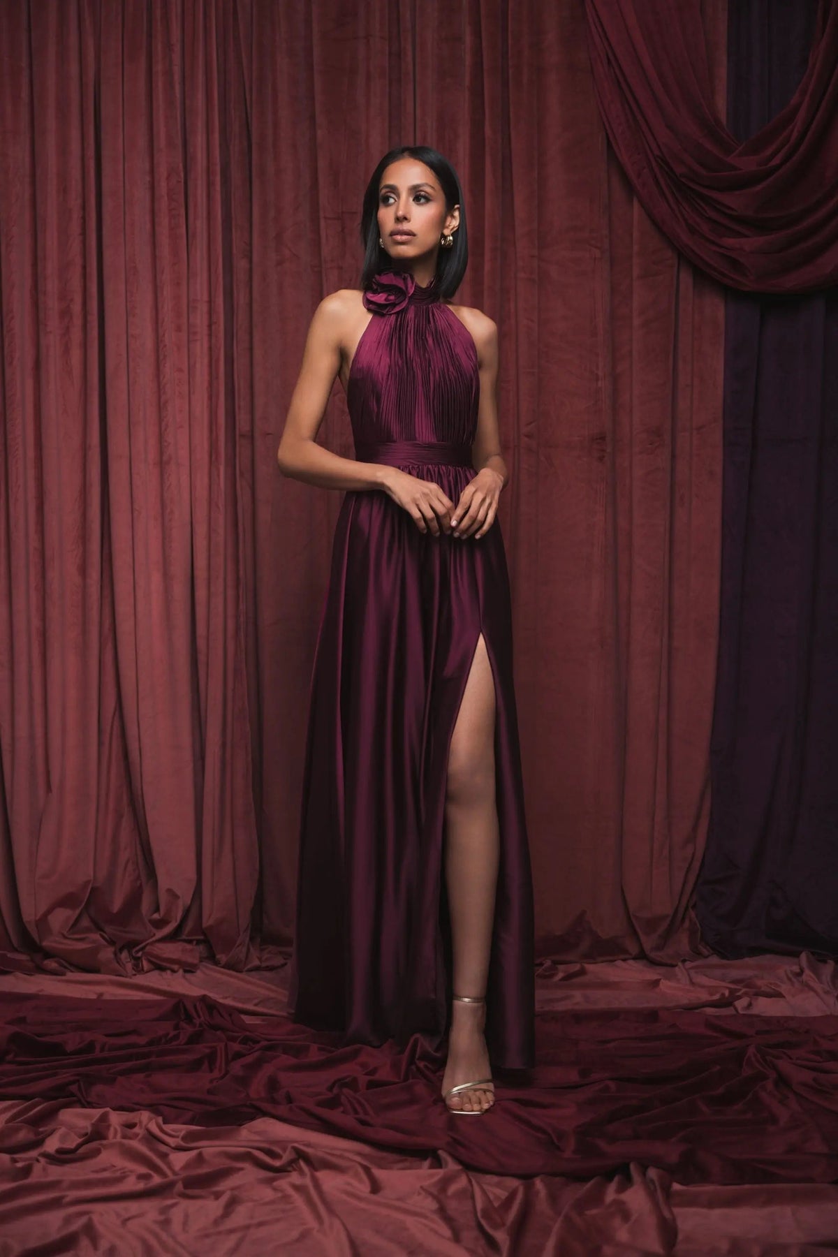 Women's Purple Dress Halter - Purple Satin Ruched