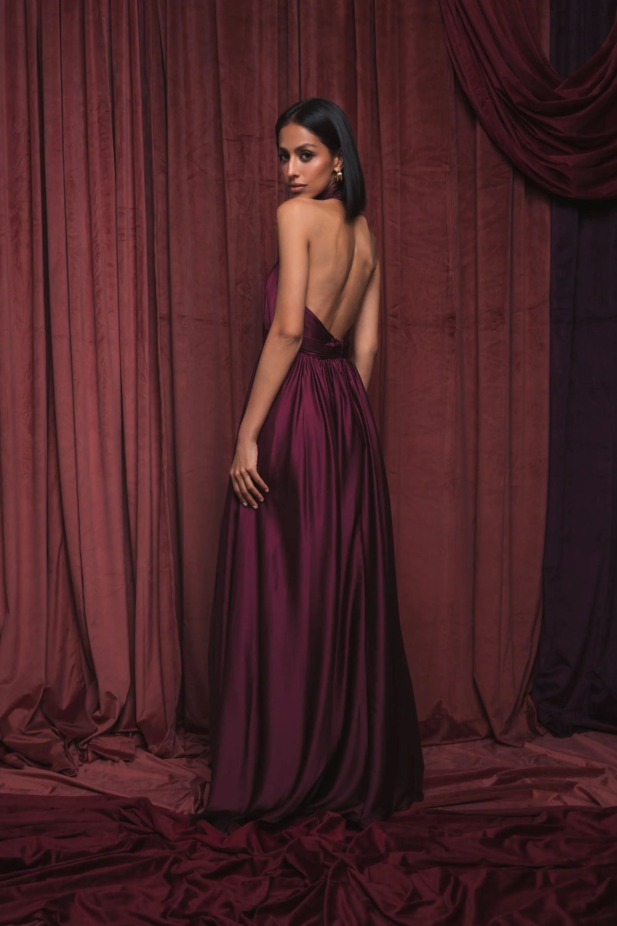 Women's Purple Dress Halter - Purple Satin Ruched