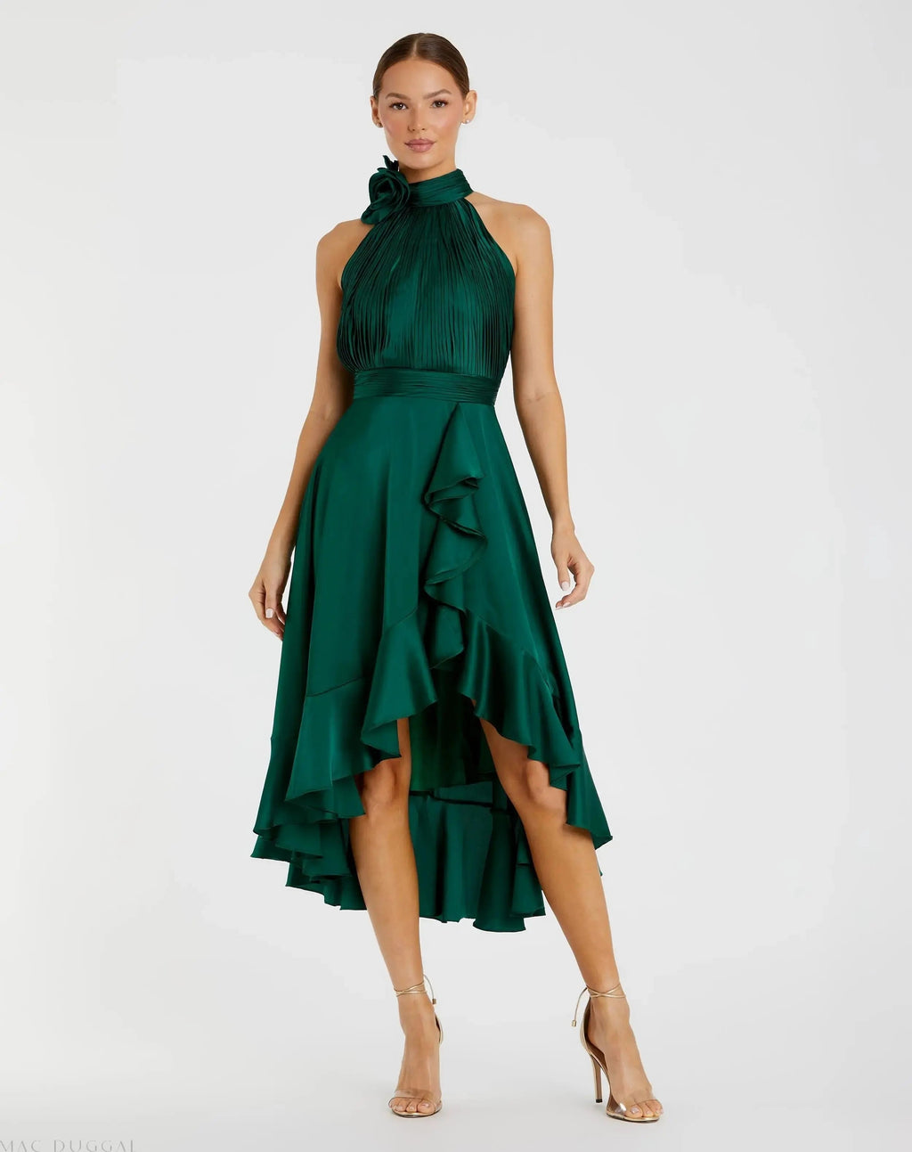 Women's Green Midi Dress Halter - Green Satin Ruffle