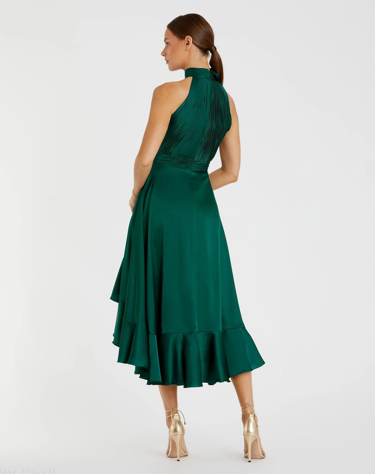 Women's Green Midi Dress Halter - Green Satin Ruffle