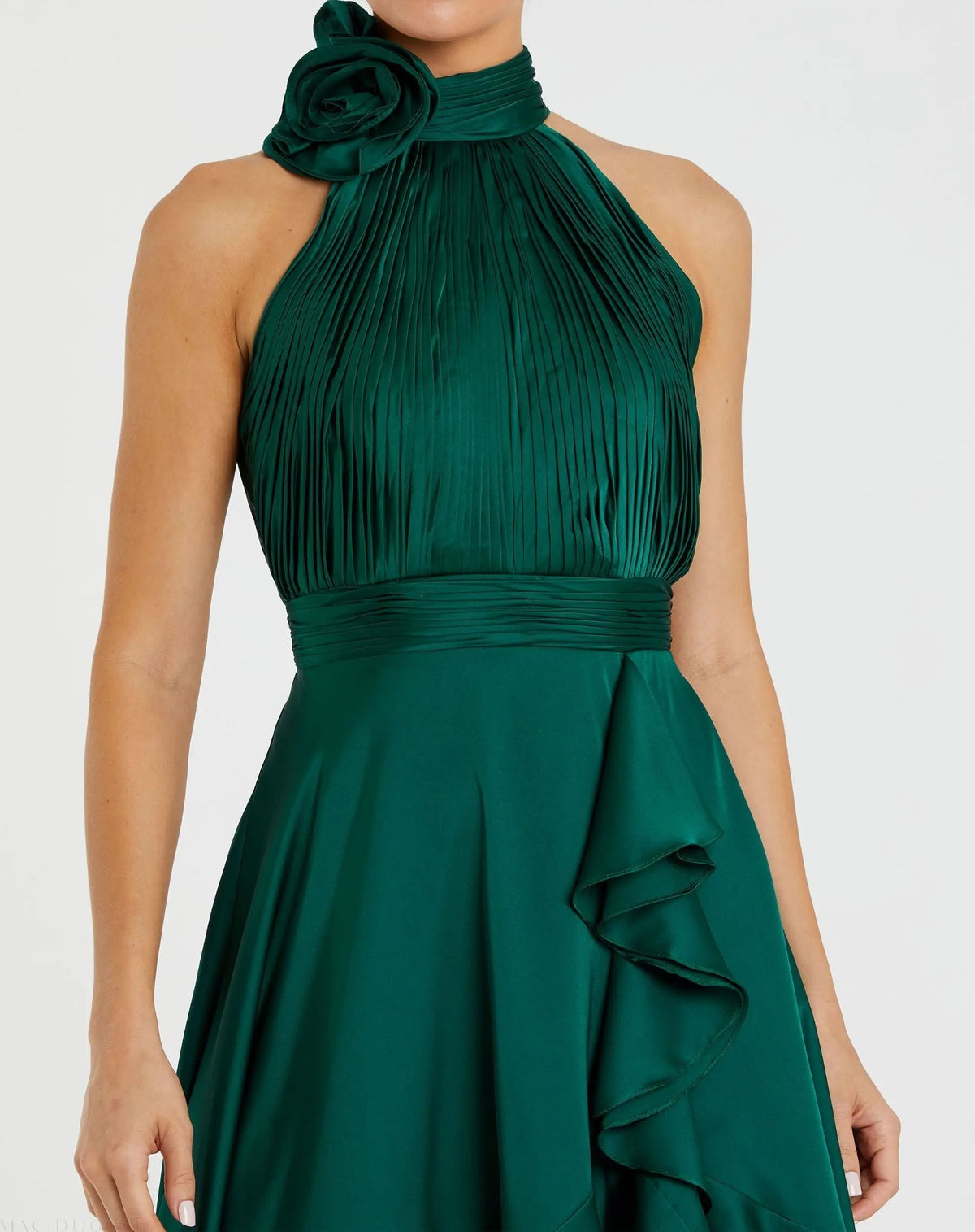 Women's Green Midi Dress Halter - Green Satin Ruffle