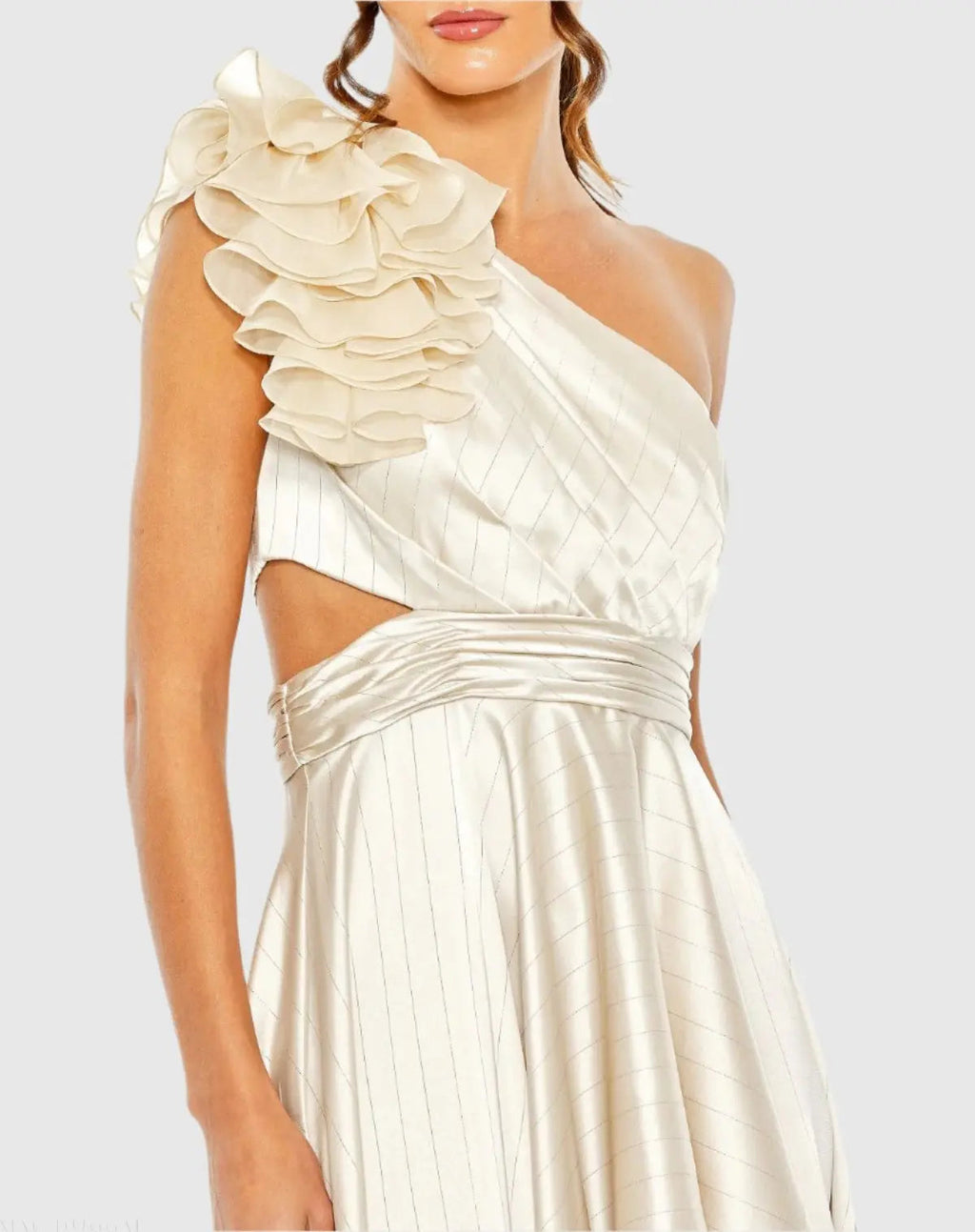 Women's Beige Dress One Shoulder - Beige Satin Ruffle