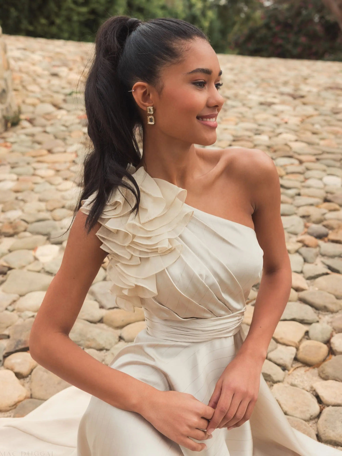 Women's Beige Dress One Shoulder - Beige Satin Ruffle
