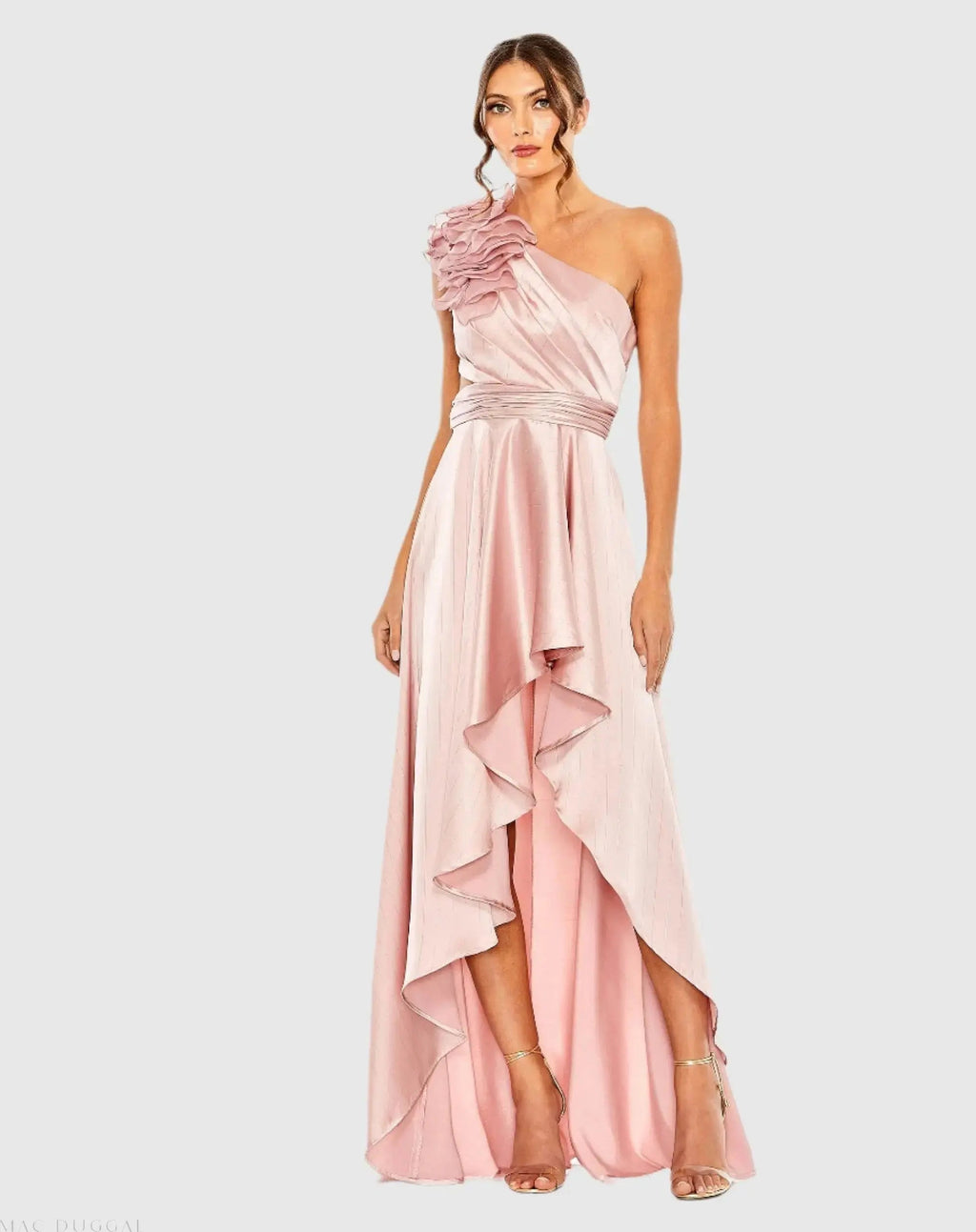 Women's Pink Dress One Shoulder - Pink Satin Ruffle