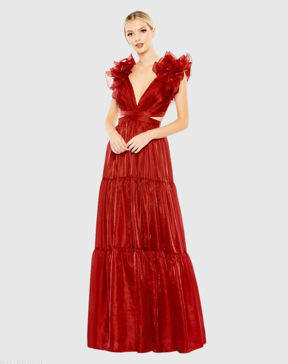 Women's Red Dress - Red Ruffle Cutout