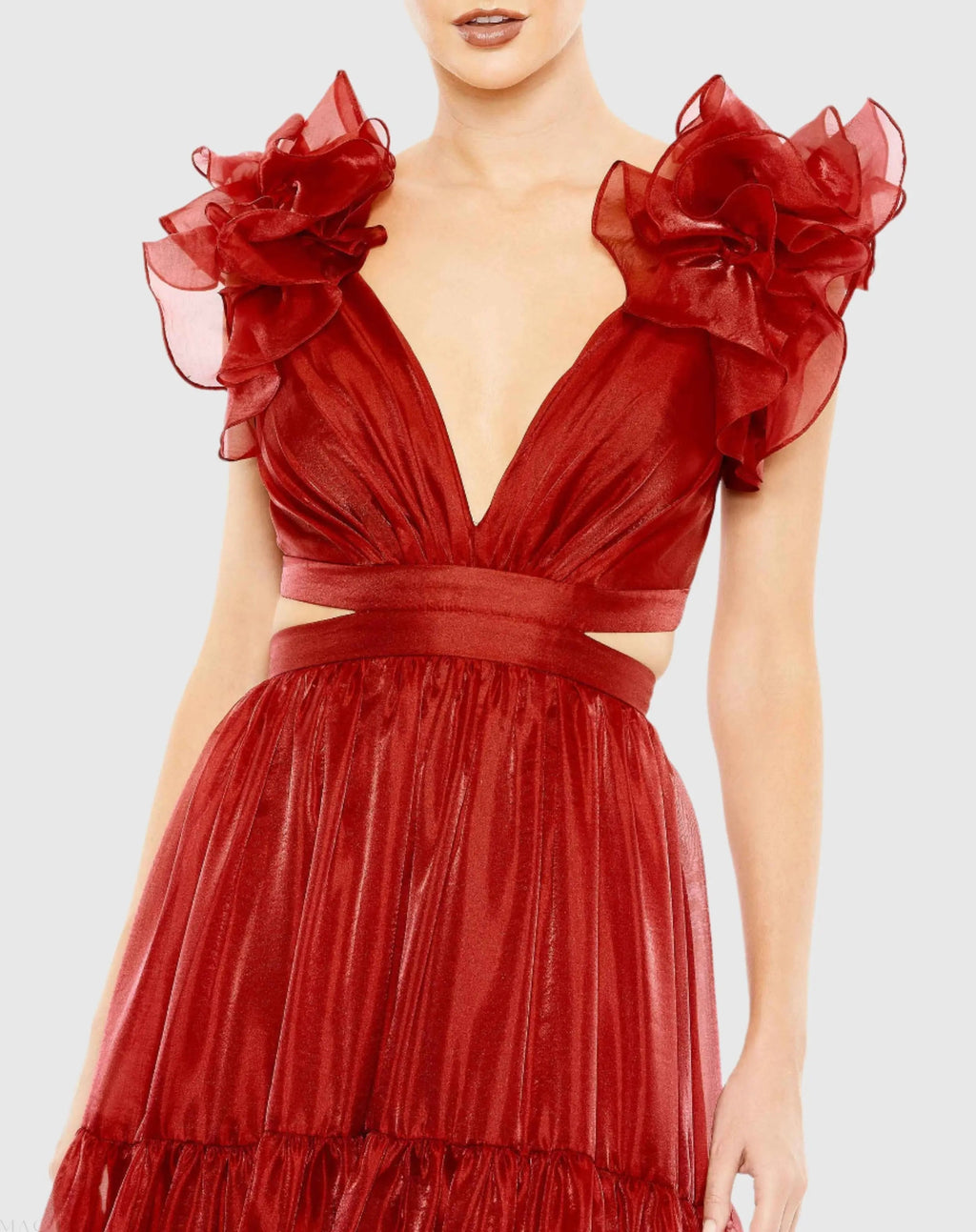 Women's Red Dress - Red Ruffle Cutout