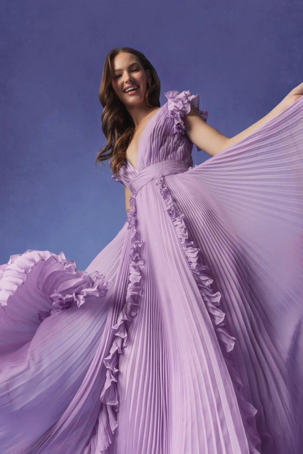 Women's Purple Dress - Purple Ruffle Pleated