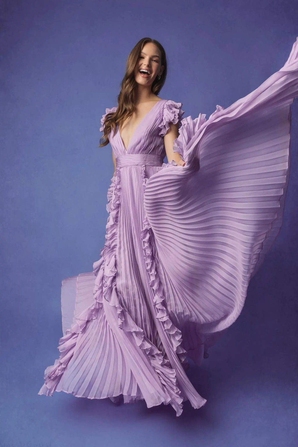 Women's Purple Dress - Purple Ruffle Pleated