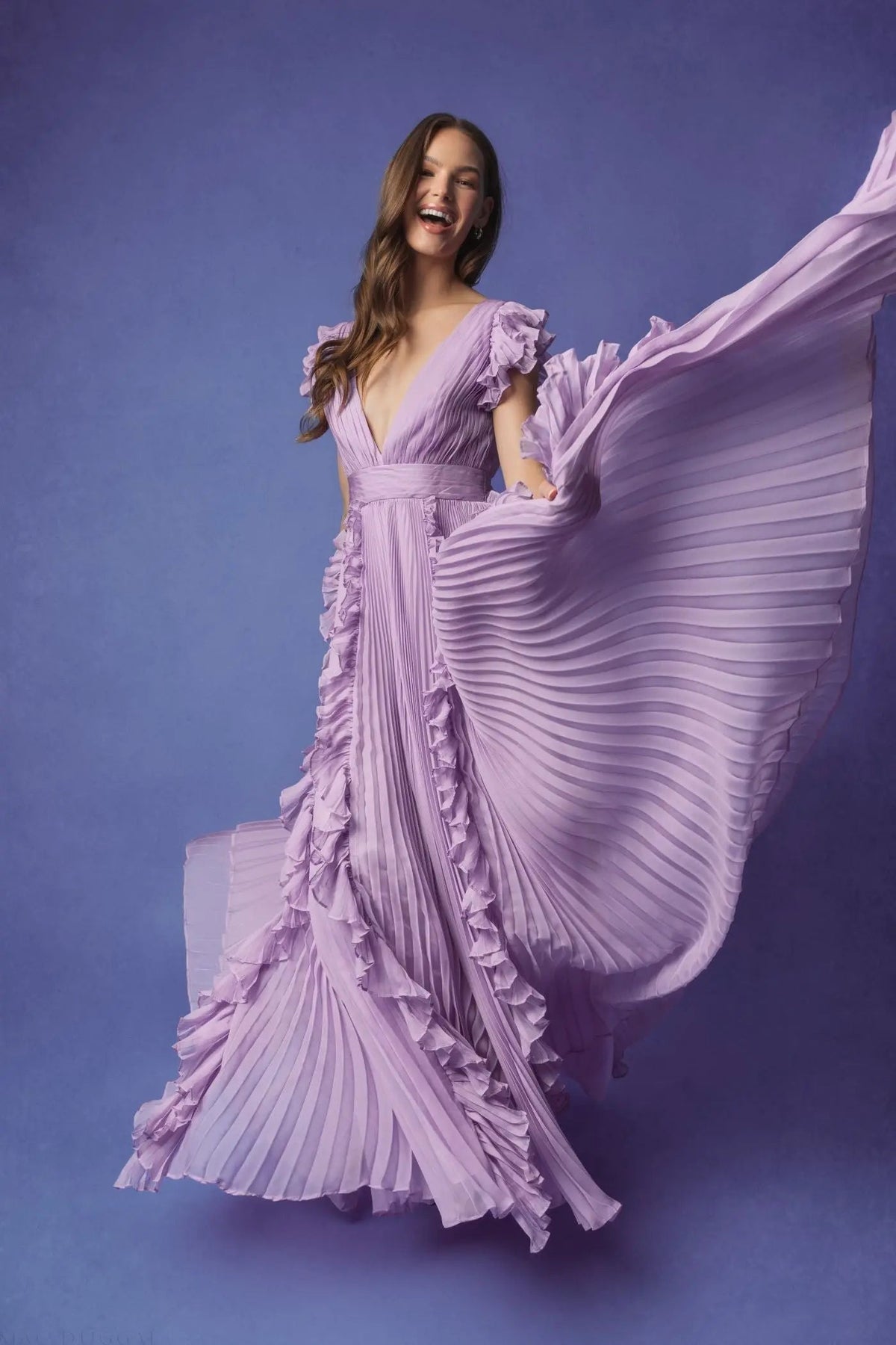 Women's Purple Dress - Purple Ruffle Pleated