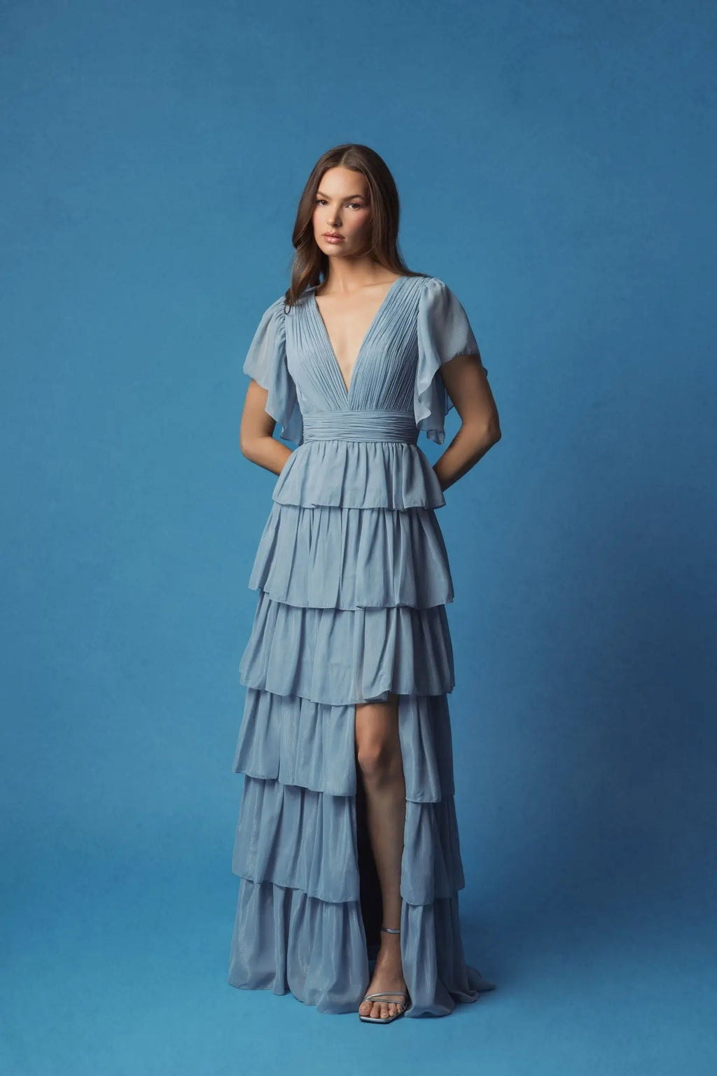 Women's Blue Dress - Blue Ruffle Chiffon