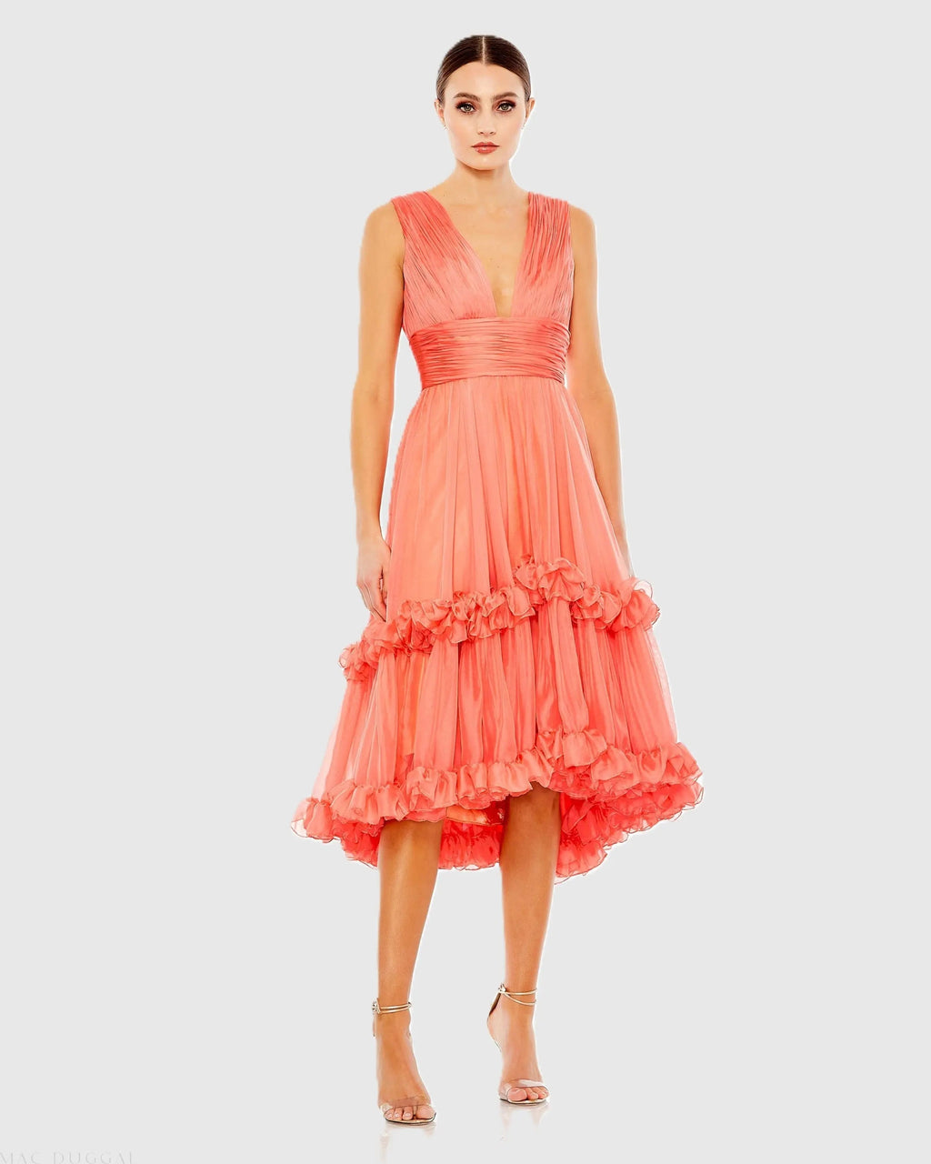 Women's Orange Midi Dress Sleeveless - Orange Ruched Ruffle