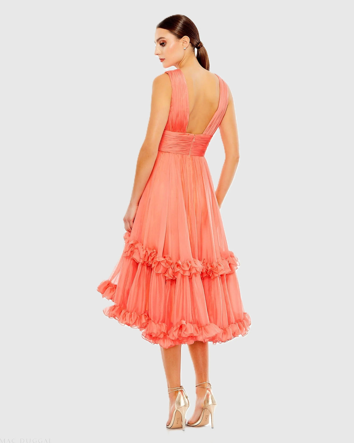 Women's Orange Midi Dress Sleeveless - Orange Ruched Ruffle
