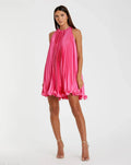 Women's Pink Mini Dress Halter - Pink Satin Ruffle