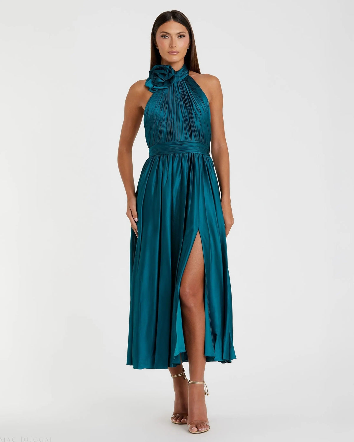 Women's Midi Dress Sleeveless - Blue Satin Pleated