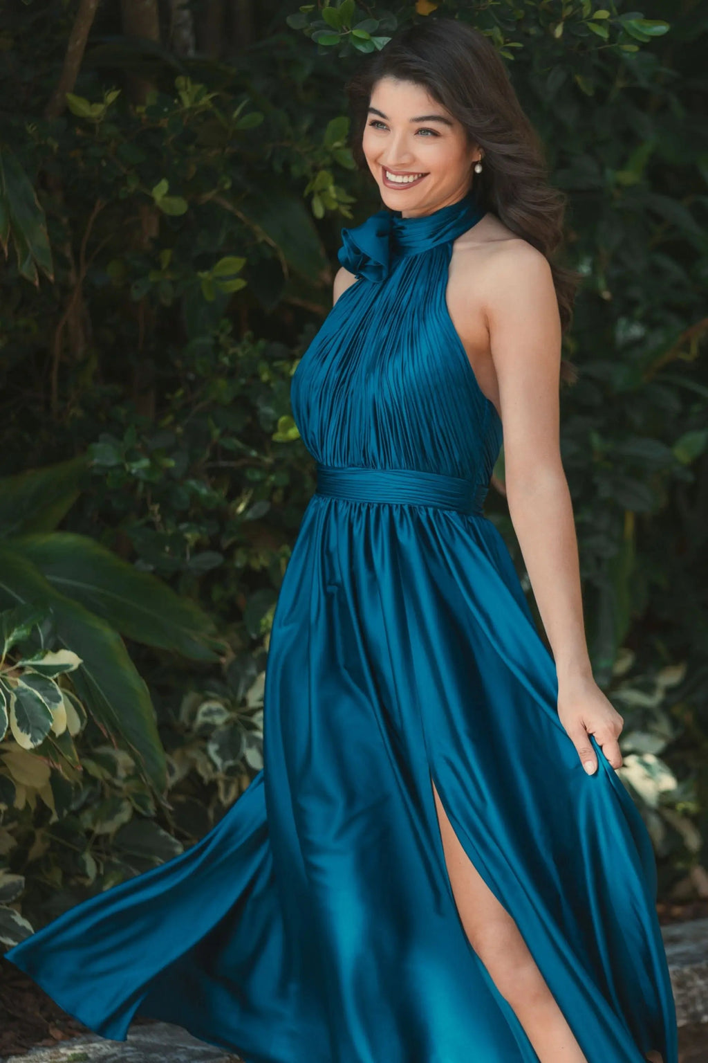 Women's Midi Dress Sleeveless - Blue Satin Pleated