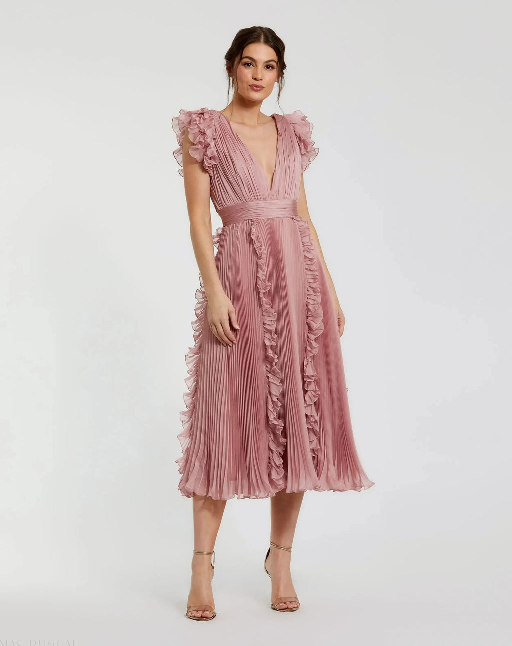 Women's Pink Midi Dress - Pink Ruffle Pleated