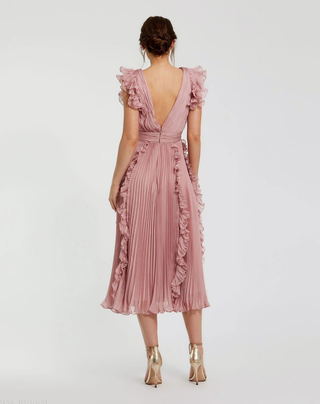 Women's Pink Midi Dress - Pink Ruffle Pleated