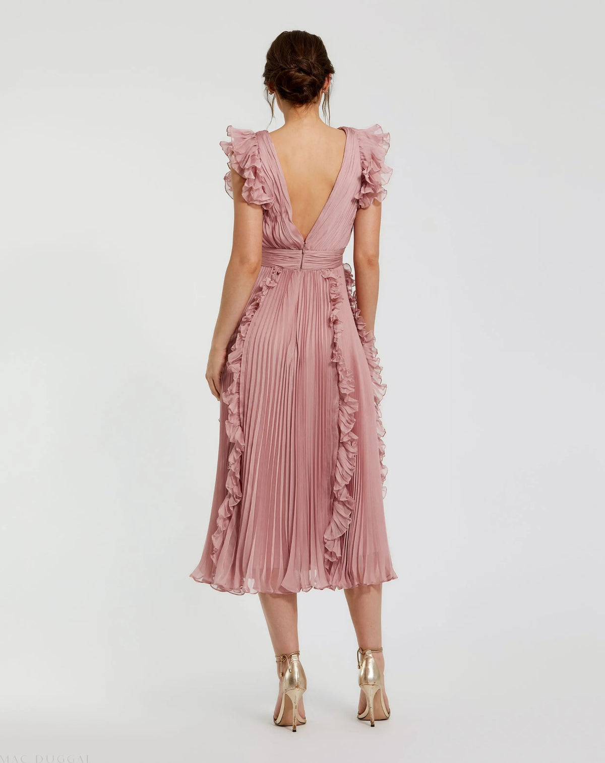 Women's Pink Midi Dress - Pink Ruffle Pleated