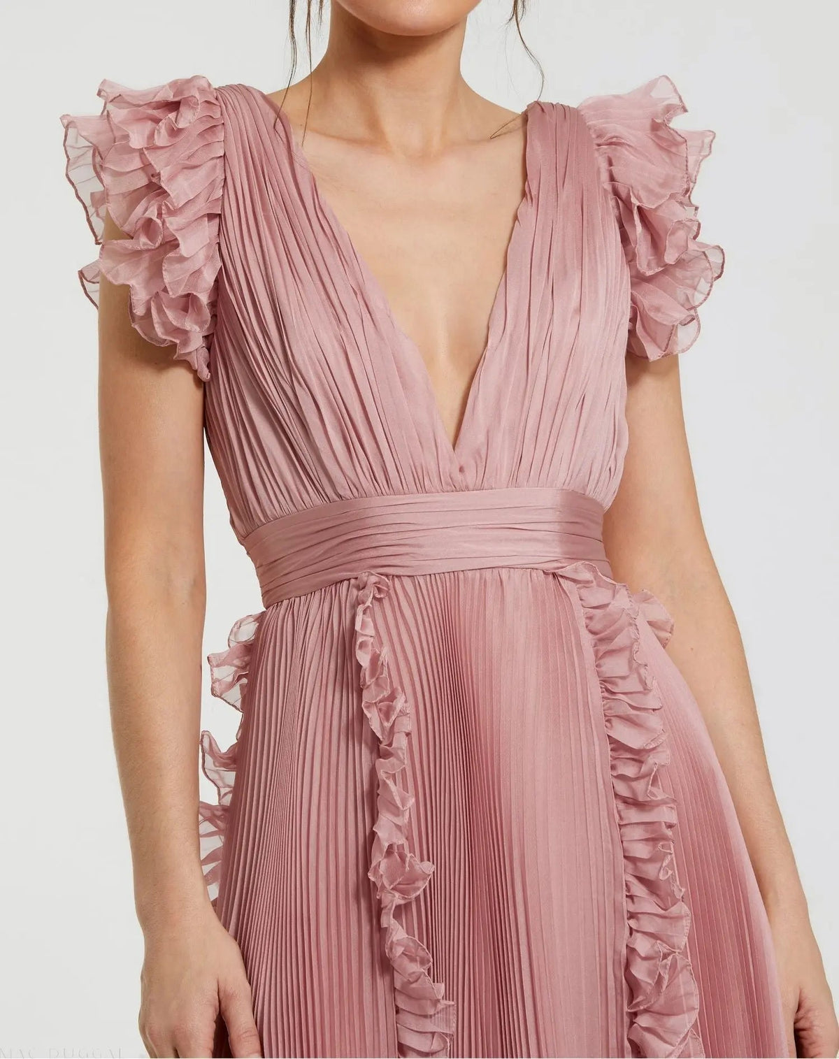 Women's Pink Midi Dress - Pink Ruffle Pleated