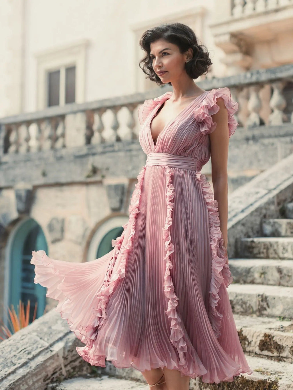 Women's Pink Midi Dress - Pink Ruffle Pleated