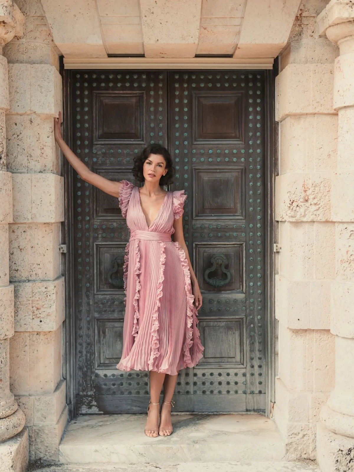 Women's Pink Midi Dress - Pink Ruffle Pleated