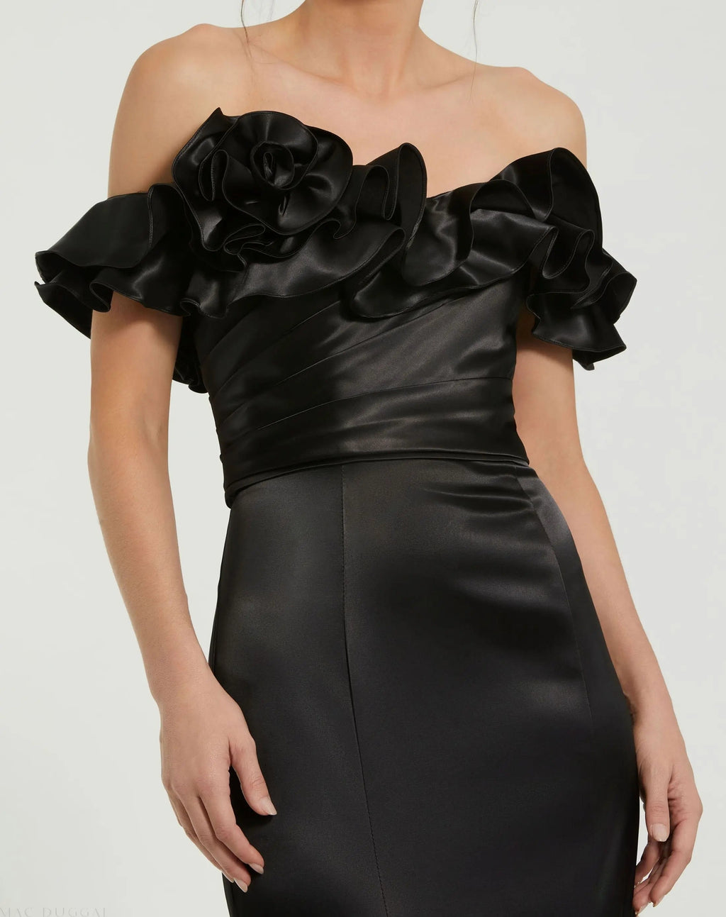 Women's Black Dress Satin - Black Ruffle