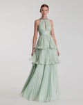 Women's Green Dress - Red Ruffle Halter
