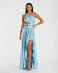 Women's Blue Dress One Shoulder - Blue Satin Lace