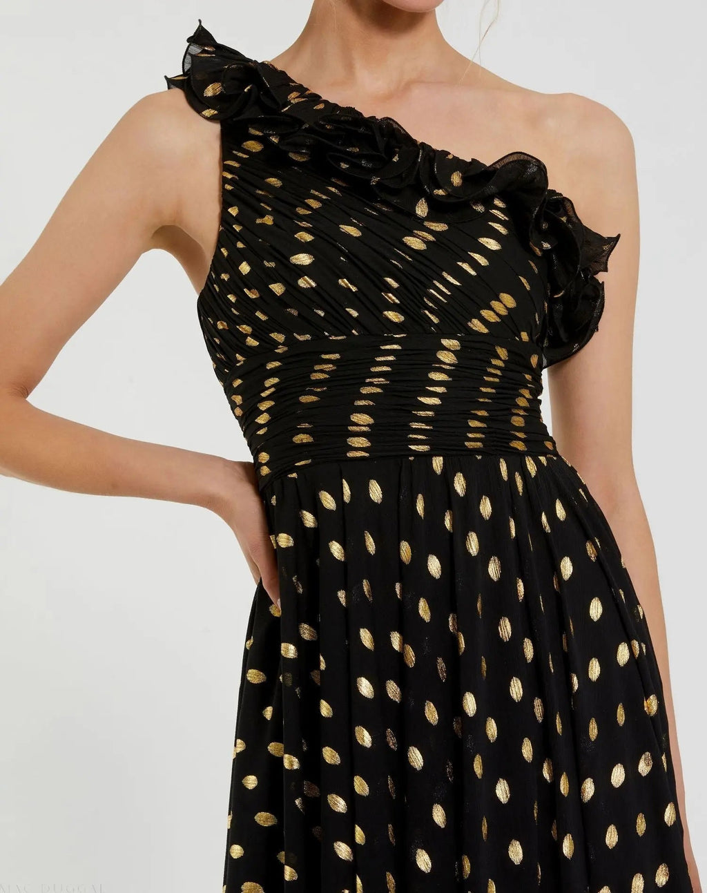 Women's Black Dress One Shoulder - Black Ruched Ruffle