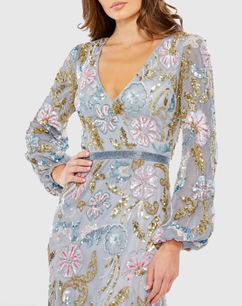 Women's Gray Midi Dress - Gray Sequin Floral