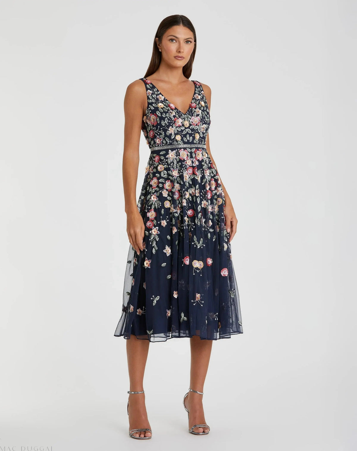 Women's Navy Midi Dress Floral Sleeveless