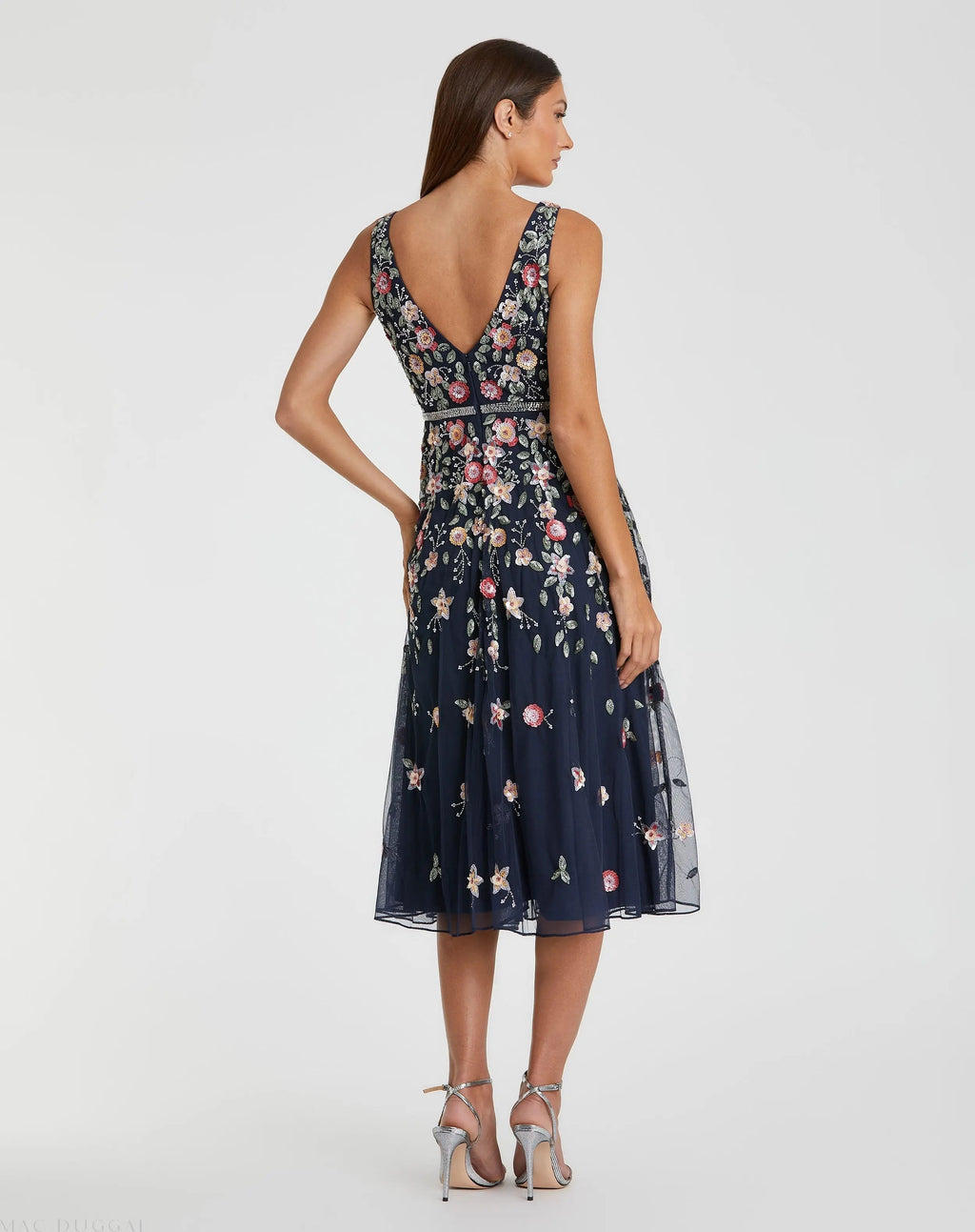 Women's Navy Midi Dress Floral Sleeveless