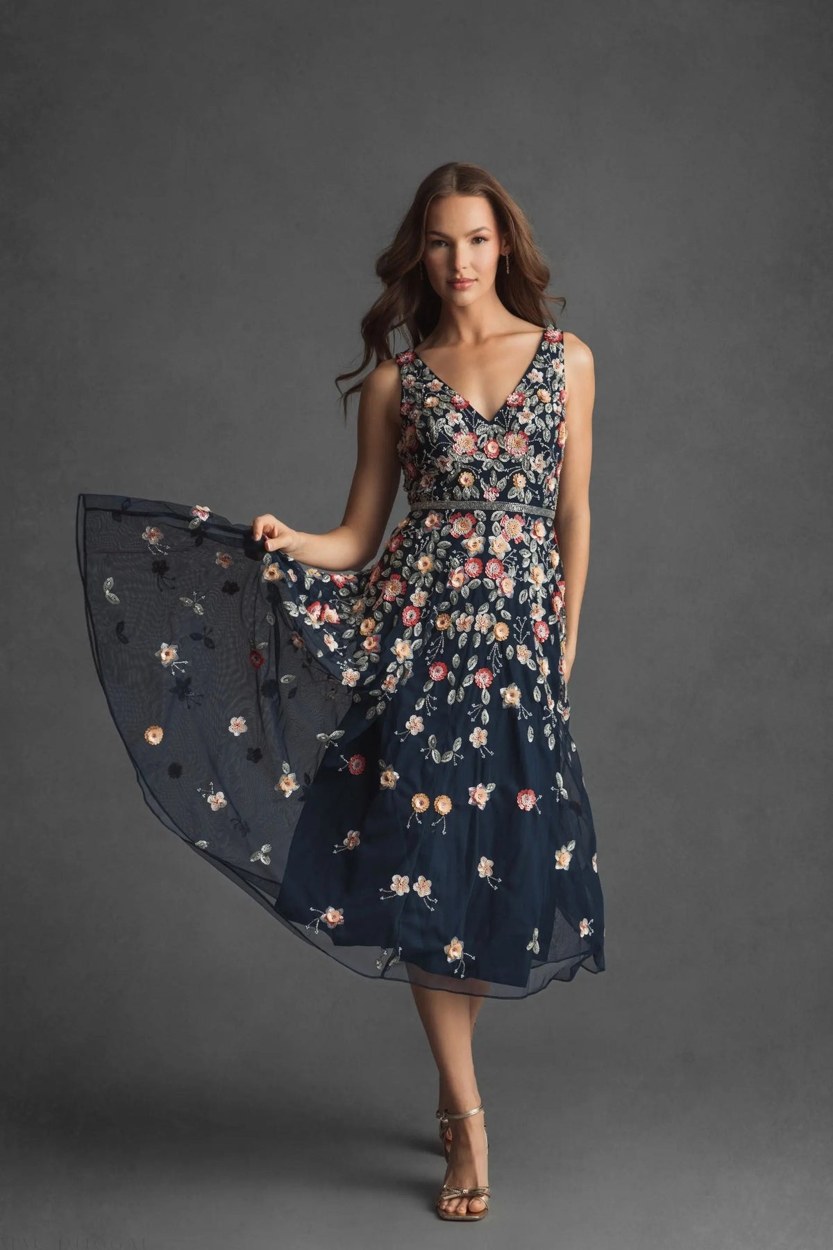 Women's Navy Midi Dress Floral Sleeveless