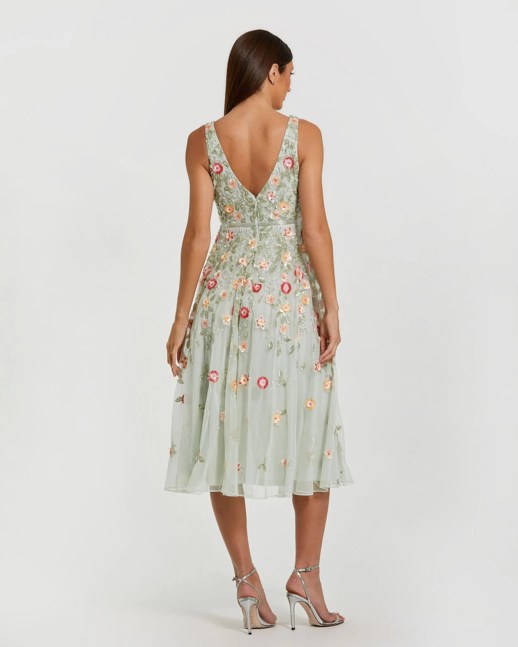 Women's Green Midi Dress Floral Sleeveless - Green Sequin Mesh