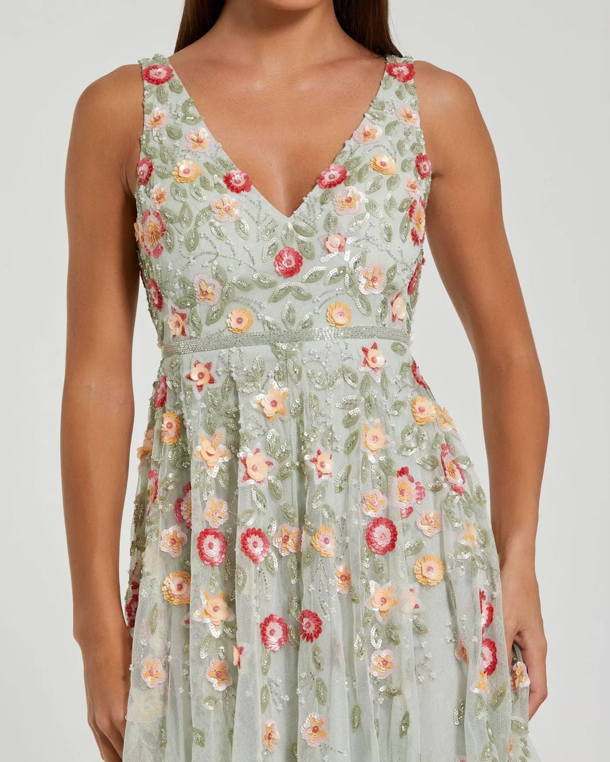 Women's Green Midi Dress Floral Sleeveless - Green Sequin Mesh