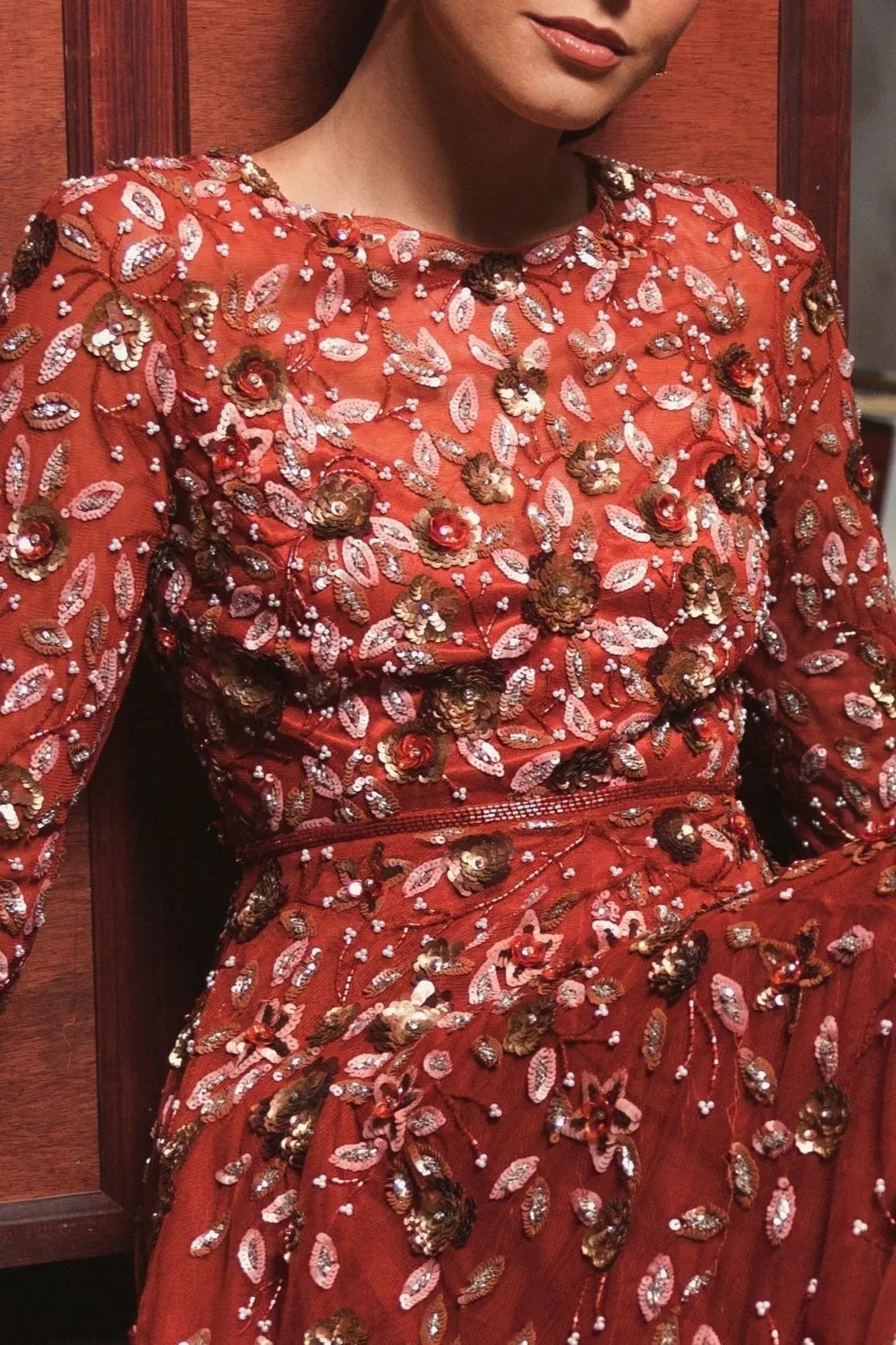 Women's Red Dress - Black Sequin Floral