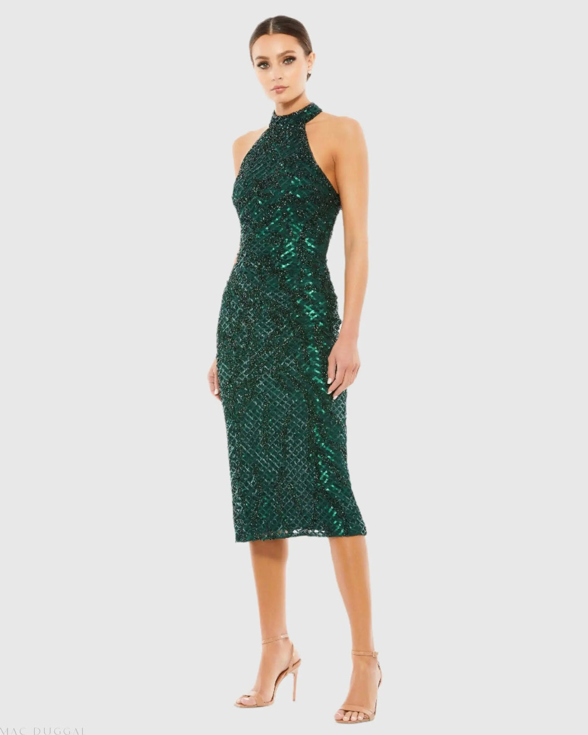 Women's Green Midi Dress Halter - Green Sequin Mesh