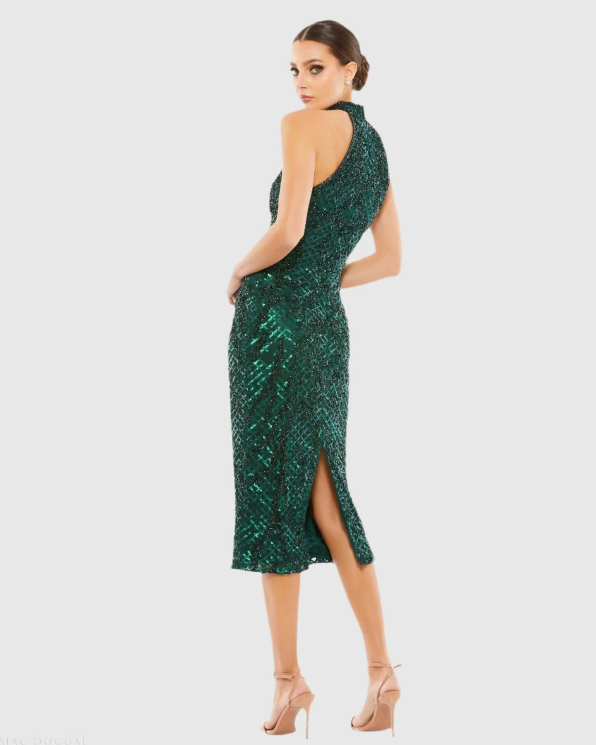 Women's Green Midi Dress Halter - Green Sequin Mesh
