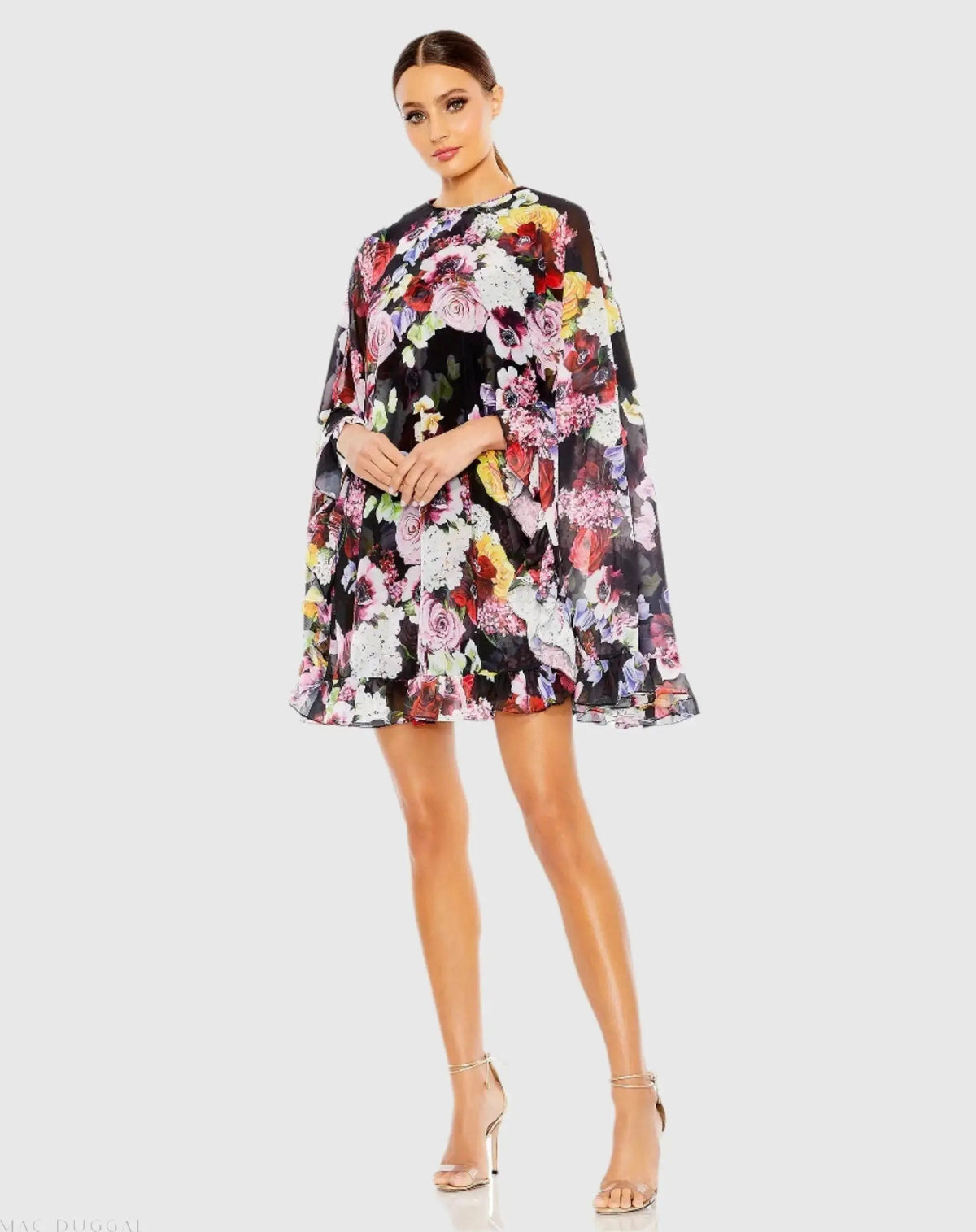 Women's Black Mini Dress Floral - Black Ruffle Chiffon