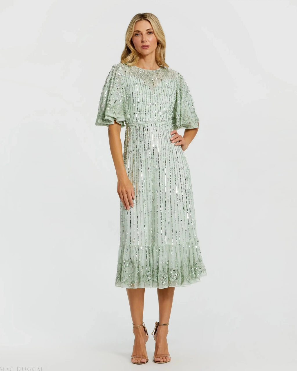 Women's Green Midi Dress - Green Sequin Mesh