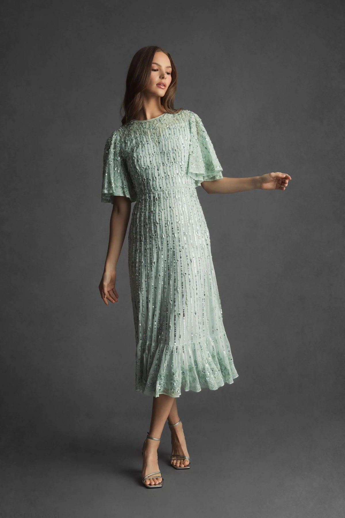 Women's Green Midi Dress - Green Sequin Mesh