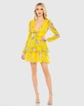 Women's Yellow Mini Dress Floral - Yellow Ruffle Chiffon