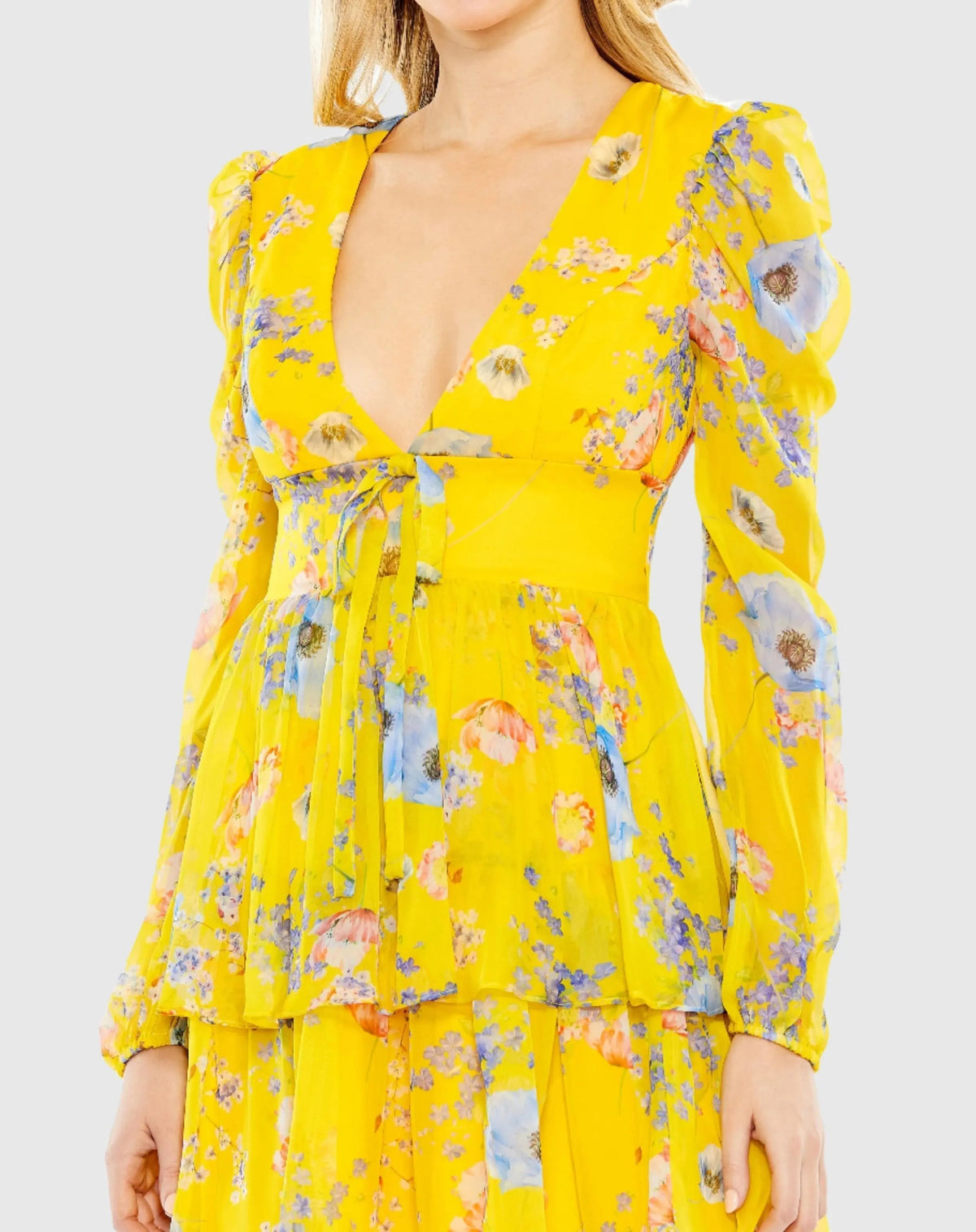 Women's Yellow Mini Dress Floral - Yellow Ruffle Chiffon