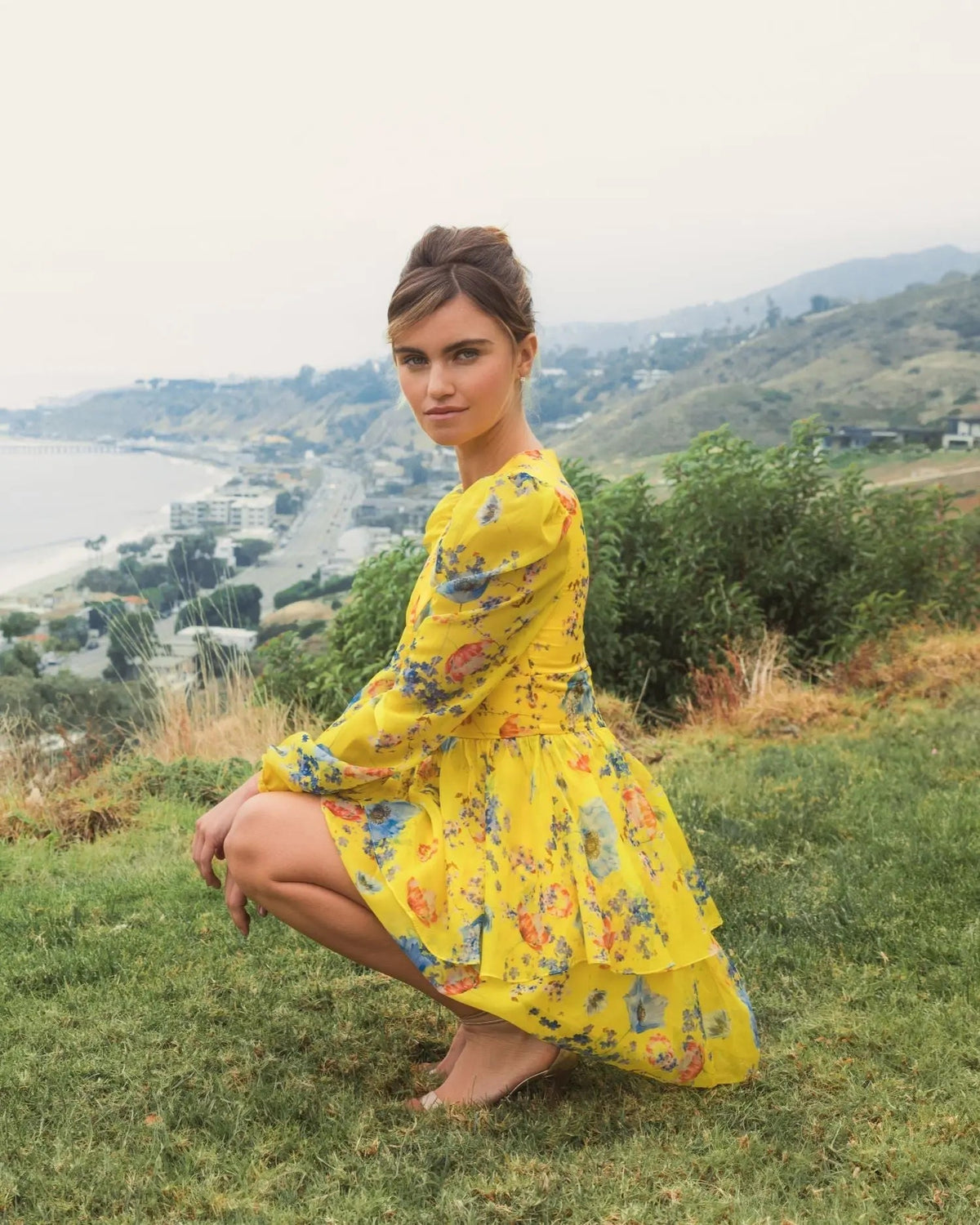 Women's Yellow Mini Dress Floral - Yellow Ruffle Chiffon