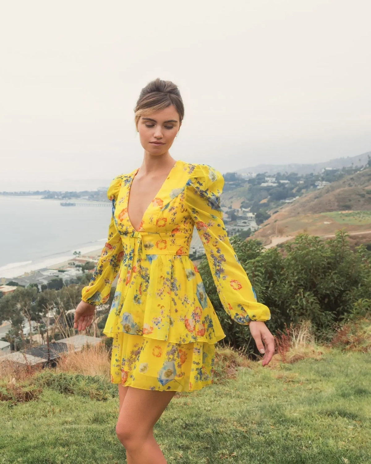 Women's Yellow Mini Dress Floral - Yellow Ruffle Chiffon