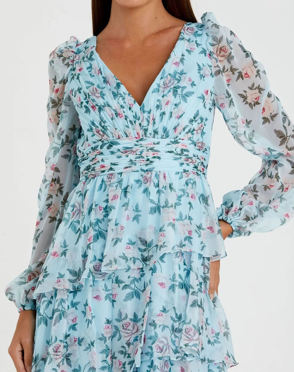 Women's Blue Dress Floral - Blue Ruffle Chiffon