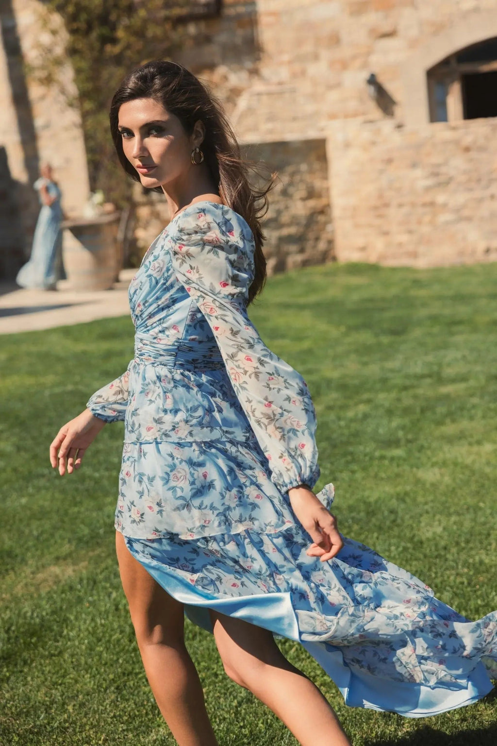 Women's Blue Dress Floral - Blue Ruffle Chiffon